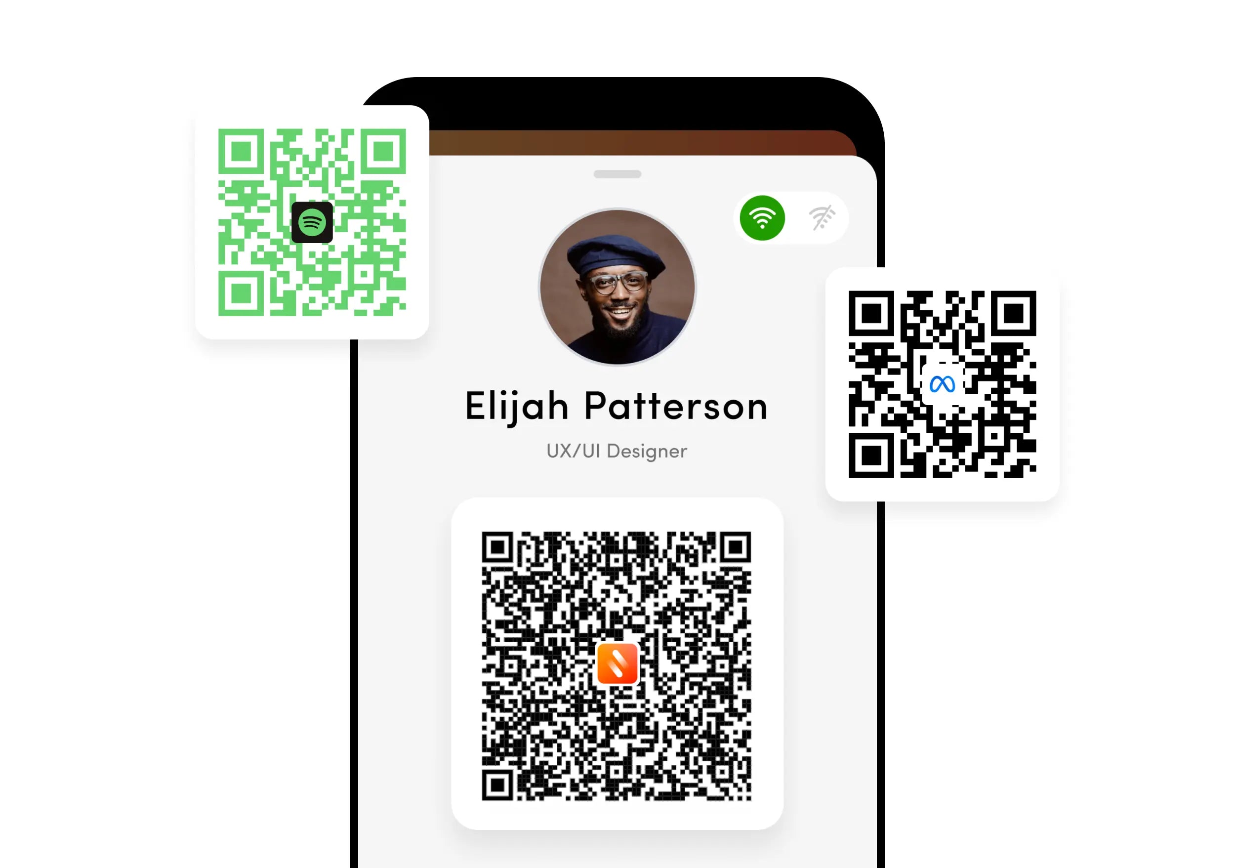 Phone with swapp share card QR code and example custom QR codes 